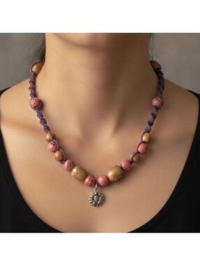 Necklace of Pink Floral beads Rustic Wooden bead Purple Cord
